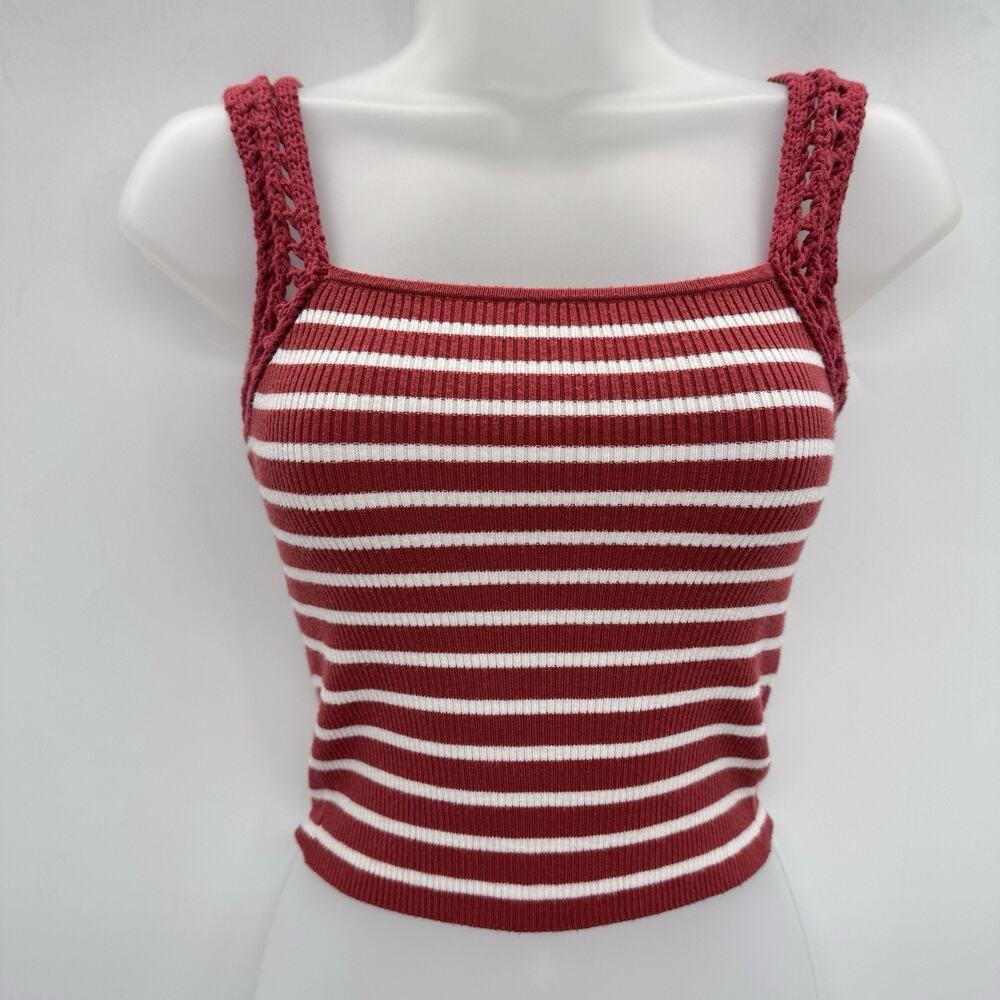 Aerie Striped Knit Tank Top with Crochet Straps Sz XXS Rose Pink White Boho Y2K